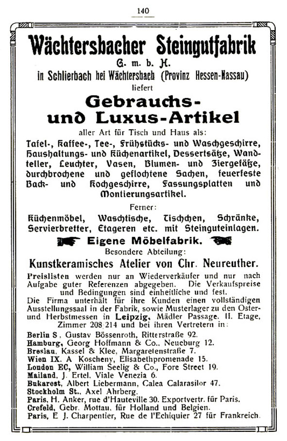 Wächtersbacher Steingutfabrik Adreßbuch 1913