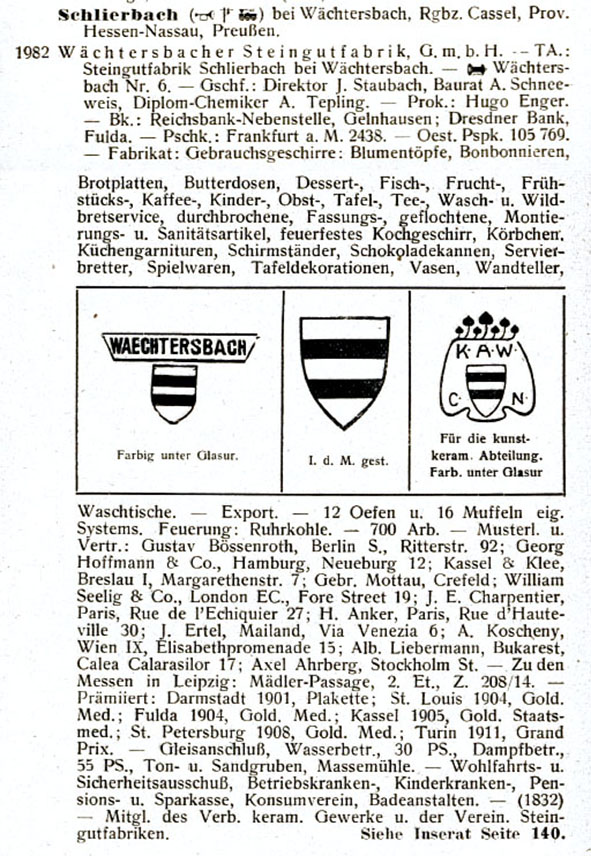 Wächtersbacher Steingutfabrik Adreßbuch 1913